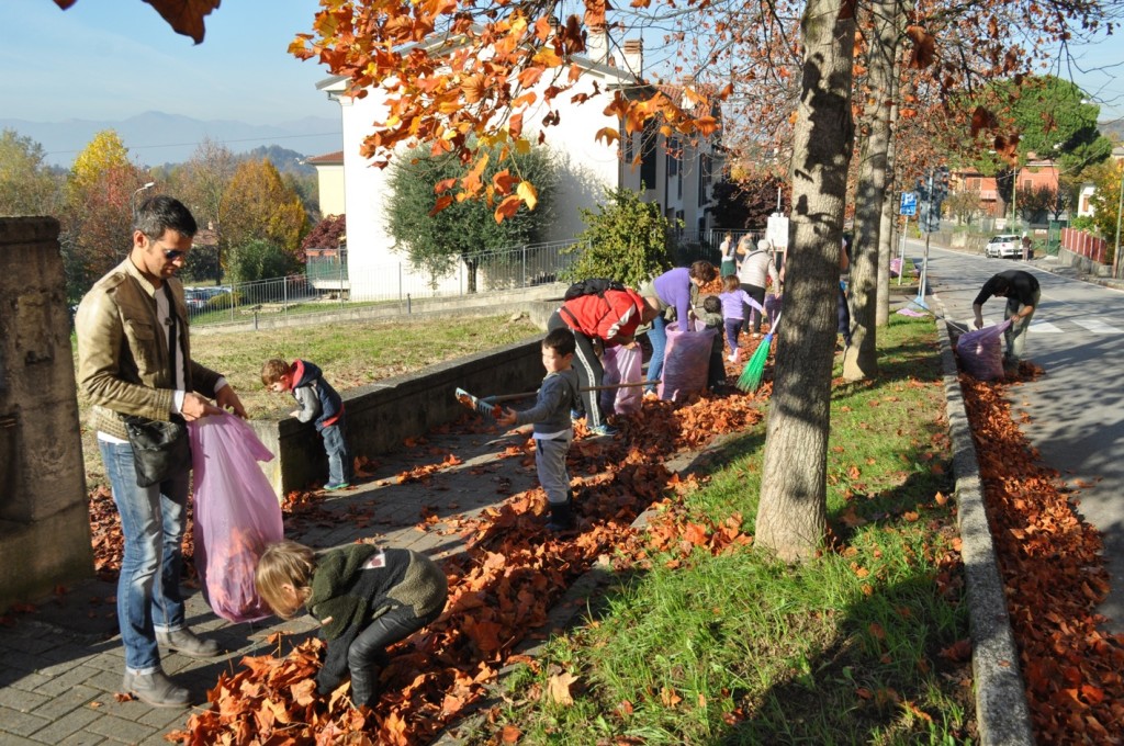 La raccolta delle foglie sul viale in via Gramsci